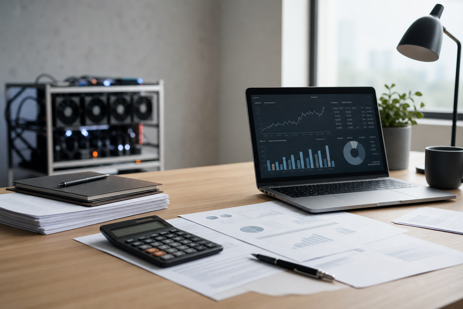 Kryptomining, ekonomi och skatt illustrerat med utrustning, kalkylator och finansiella underlag.